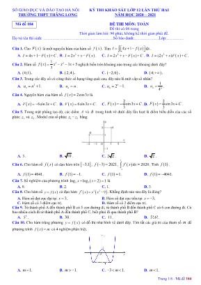 Đề khảo sát môn Toán Lớp 12 - Mã đề 184 - Lần 2 - Năm học 2020- 2021 - Trường THPT Thăng Long (Có đáp án)